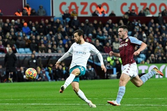 Manchester City's Bernardo Silva scores against Aston Villa. AFP