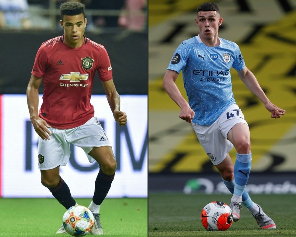 Manchester United's Mason Greenwood (L) and Manchester City's Phil Foden. AFP