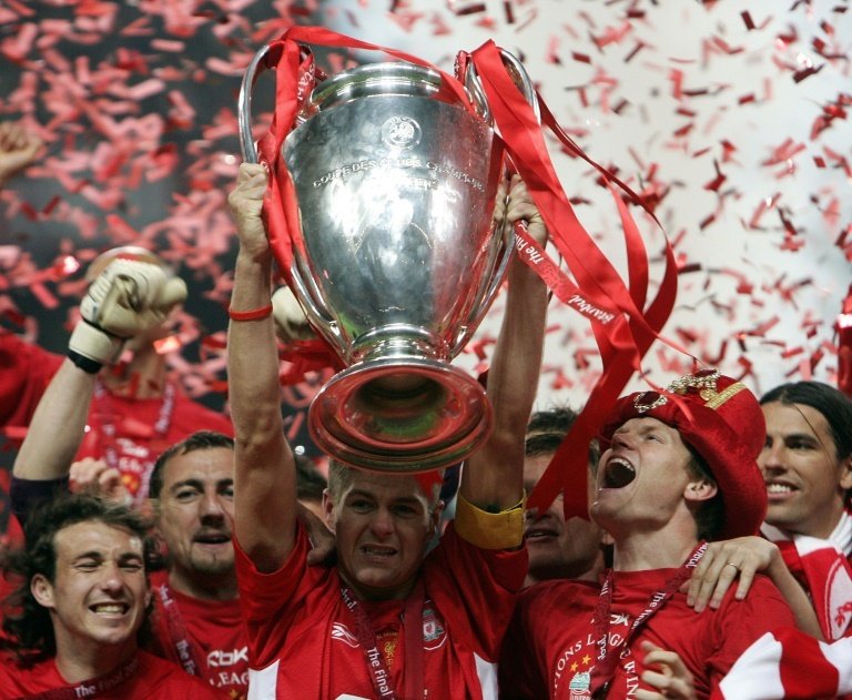 Liverpools Steven Gerrard lifts the Champions League trophy after the 2005 final against AC Milan at the Ataturk Stadium in Istanbul