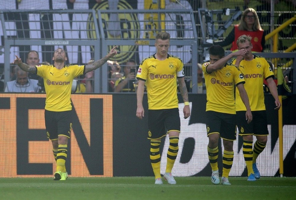 Alcacer helped Dortmund cruise to victory over Leverkusen. AFP