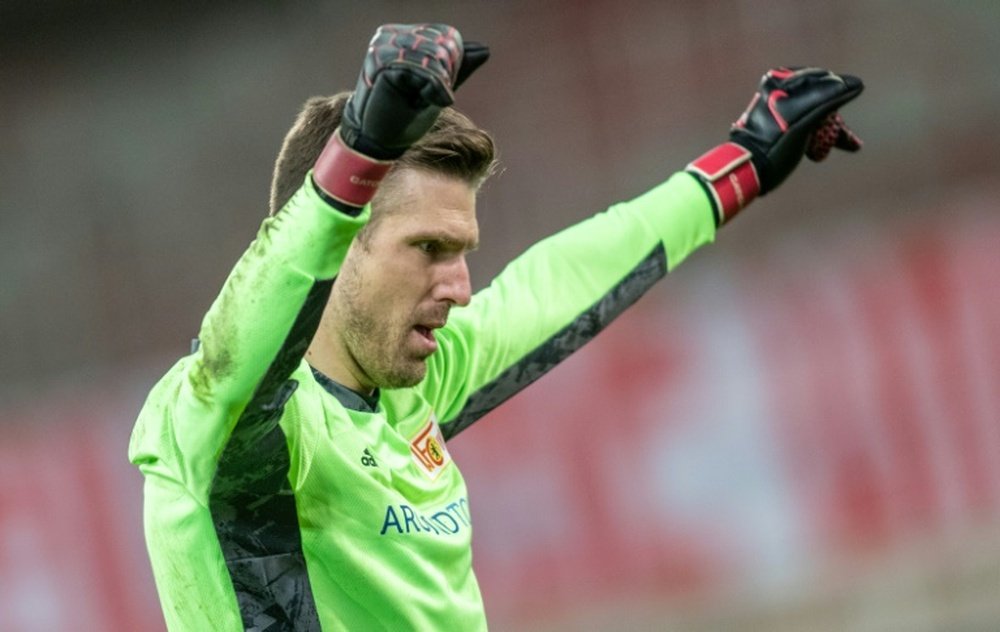 Union Berlin goalkeeper Andreas Luthe celebrates after Fridays home win over Bayer Leverkusen.AFP