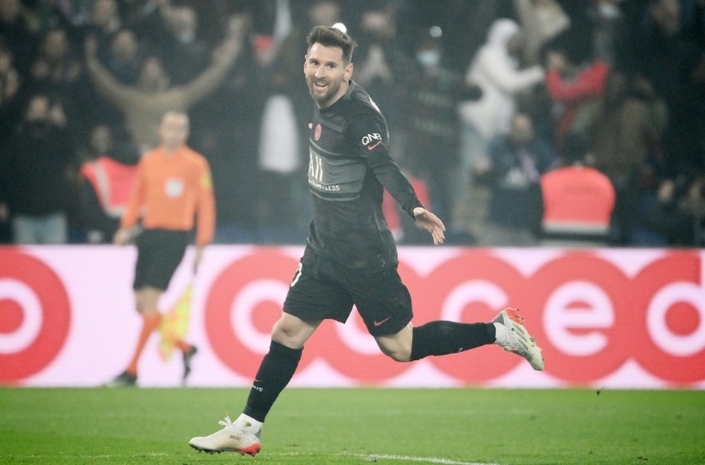 Lionel Messi celebrates his first goal in the French top-flight. AFP