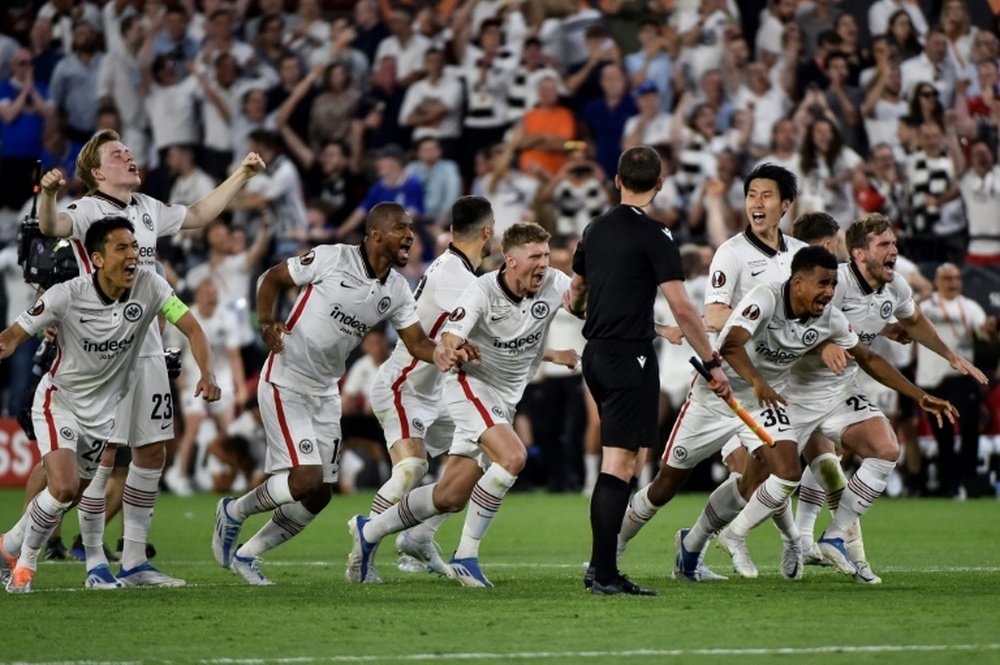 Eintracht Frankfurt celebrate beating Rangers on penalties to win the Europa League. AFP