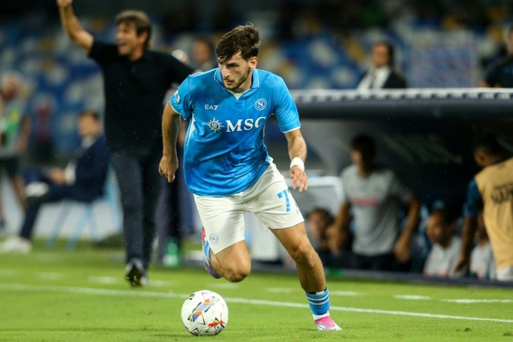 Khvicha Kvaratskhelia scored Napoli's second goal in their 0-4 win against Cagliari. AFP