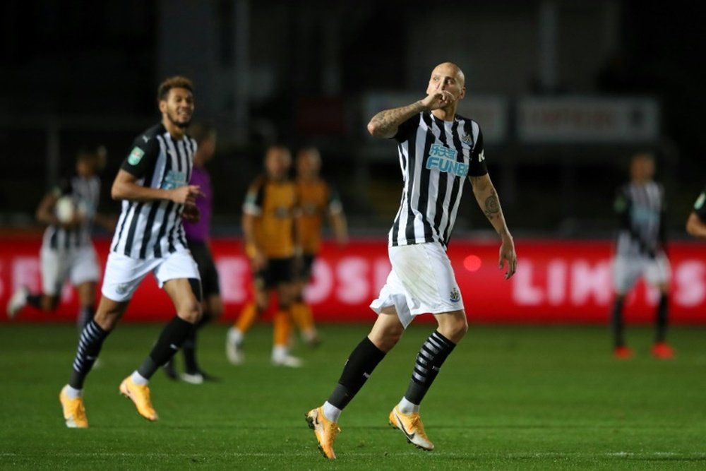 Jonjo Shelvey and Newcastle beat Newport on penalties in the Carabao Cup. AFP