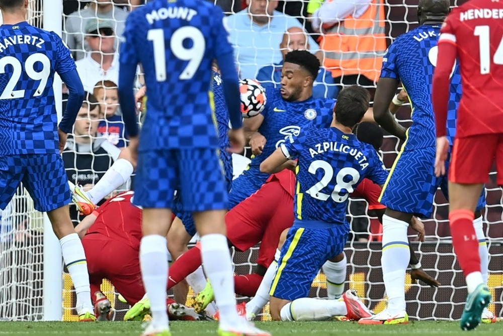 Chelsea's Reece James was sent-off for handling on the line. AFP