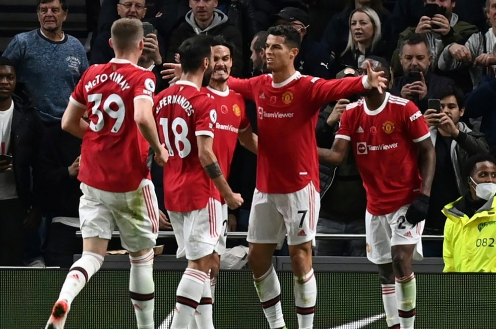 Cristiano Ronaldo celebrates his goal for Manchester United against Tottenham. AFP