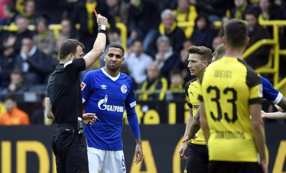 Marco Reus was sent off for a studs-up challenge during Saturdays derby. AFP