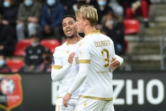 Kasper Dolberg scored a penalty as Nice won 1-2 at Rennes. AFP