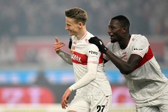 Serhou Guirassy scored his 21st goal of the season as Stuttgart beat 10-man Union Berlin 2-0 on Friday to move one point behind second-placed Bayern Munich.