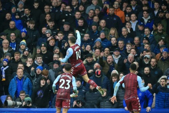 Emiliano Buendia (C) scored the only goal as Aston Villa won at Everton. AFP