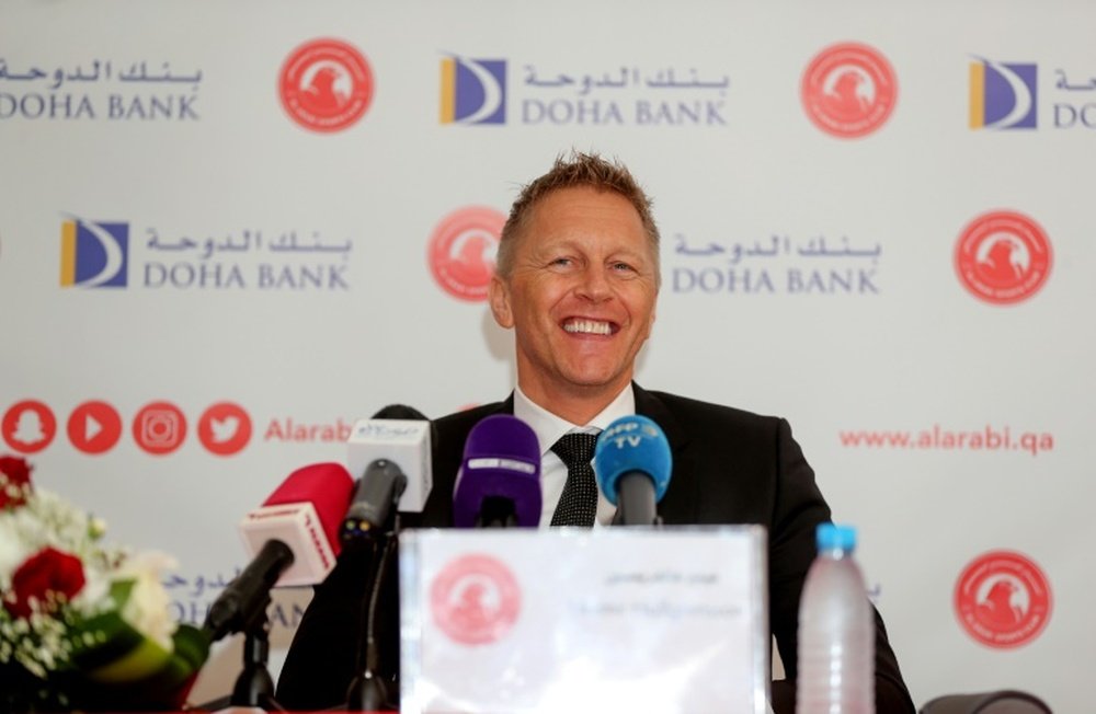 Heimir Hallgrimsson held his first press conference for new club Al-Arabi this week. AFP