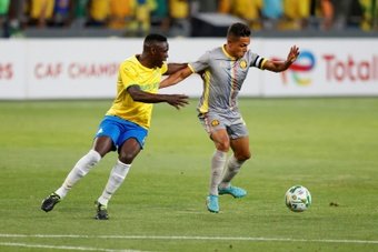 Sundowns Brian Onyango vies for the ball with Luandas Tiago Lima Leal in April. AFP