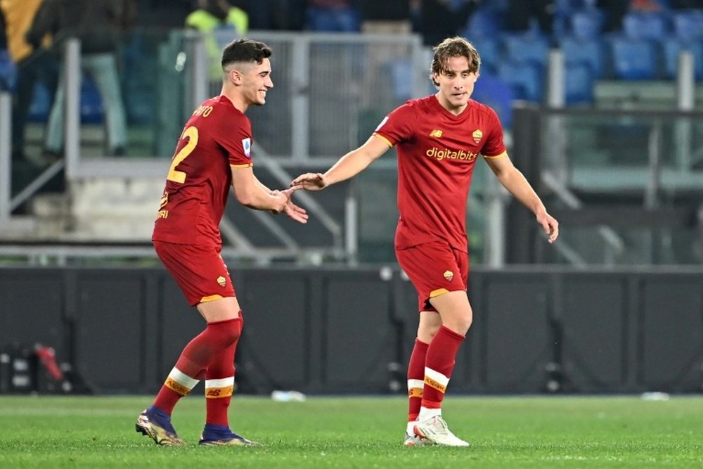 Romas Italian midfielder Edoardo Bove celebrates. AFP