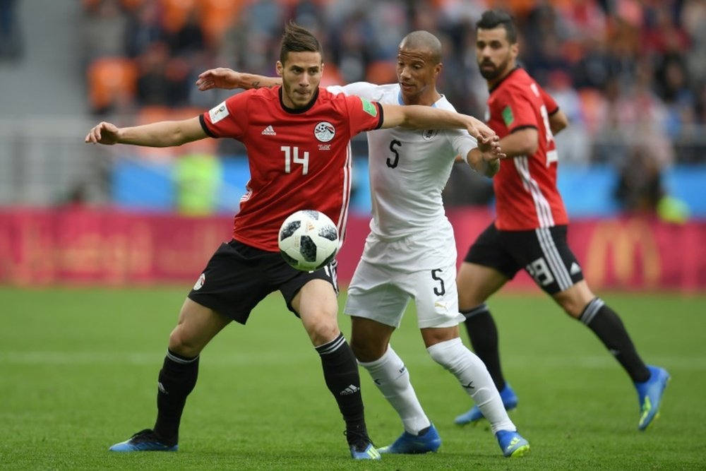 Ramadan Sobhy (L) scored in the first leg for Pyramids. AFP