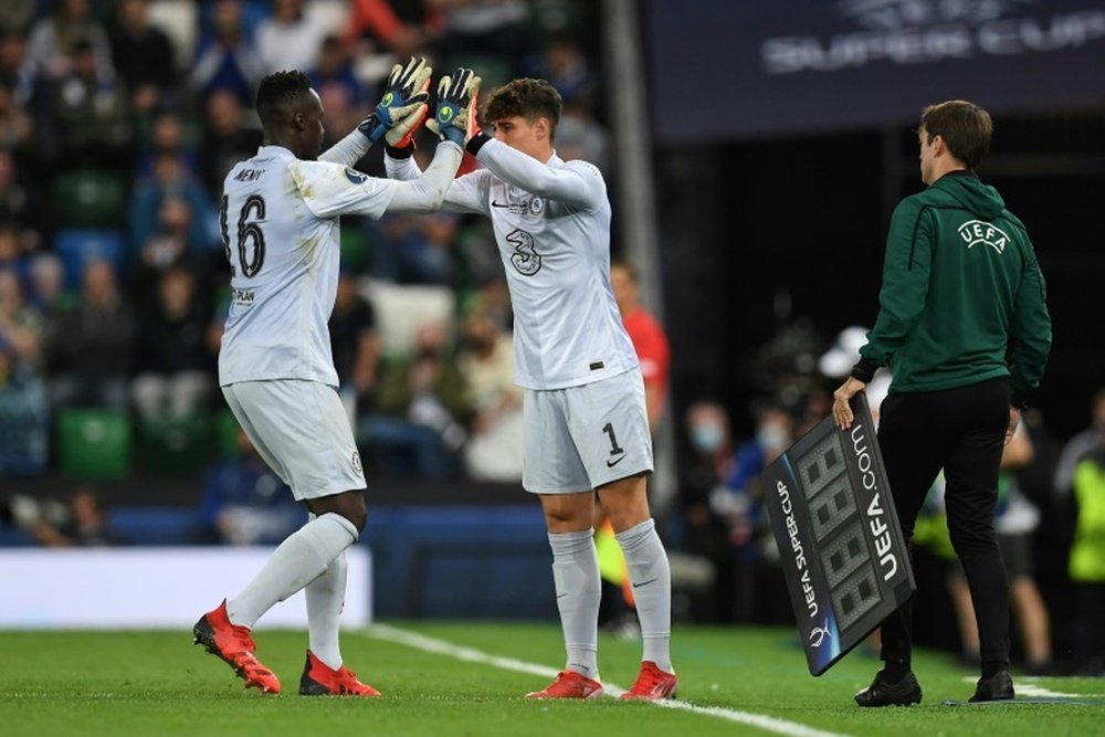 Chelsea goalkeeper Kepa Arrizabalaga and Edouard Mendy. AFP