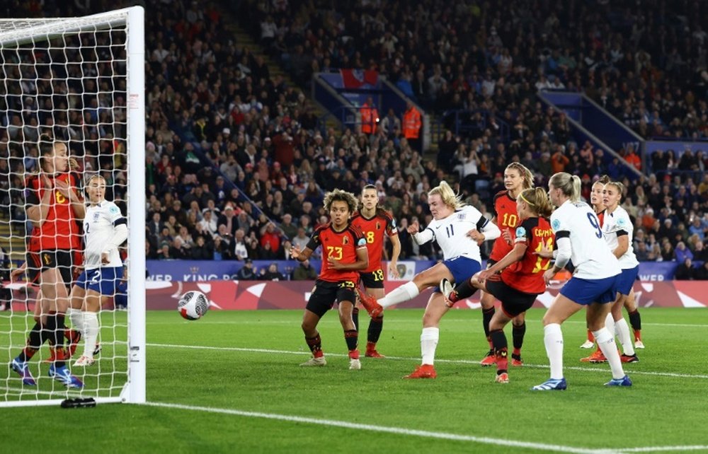 England's Lauren Hemp (C) scored the winner to beat Belgium 1-0. AFP