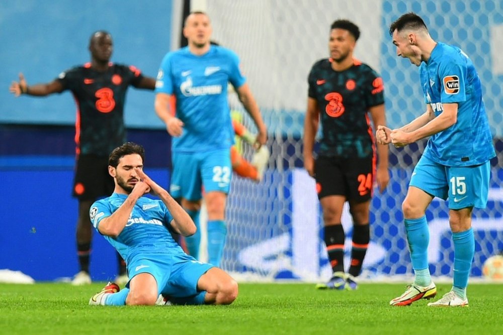 Zenit's Magomed Ozdoev celebrates after scoring against Chelsea. AFP