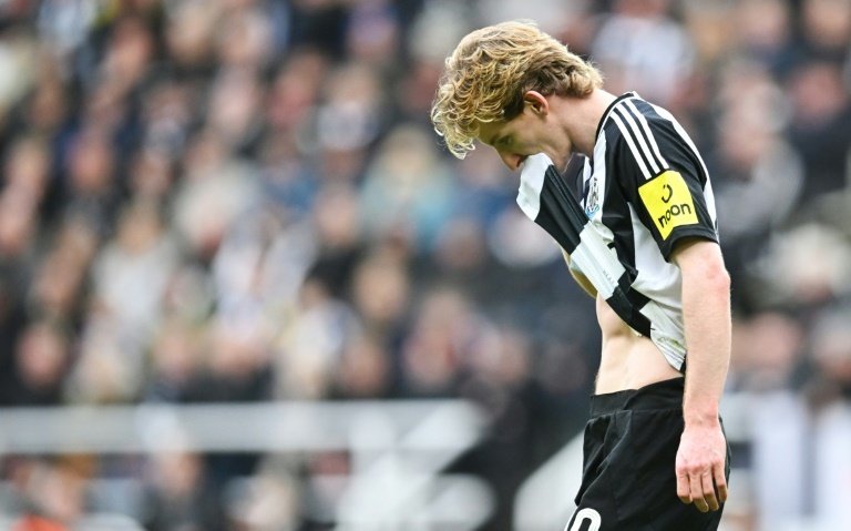 Newcastle's Anthony Gordon was sent off against Brighton. AFP