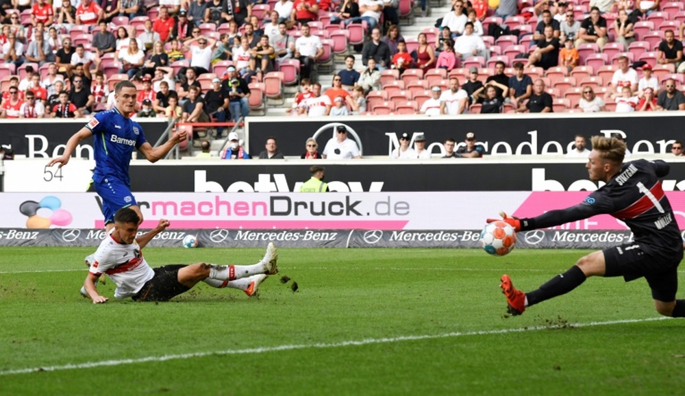 Florian Wirtz scores the winner for Leverkusen's win at Stuttgart. AFP