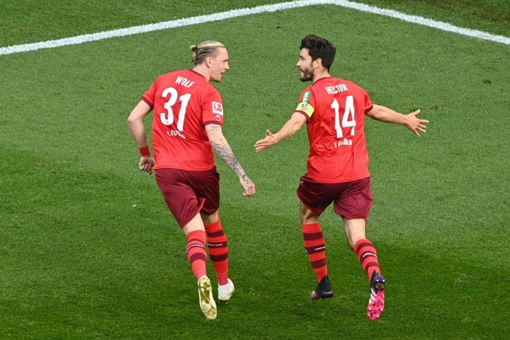 Jonas Hector (R) got the winner for Cologne against Leipzig. AFP