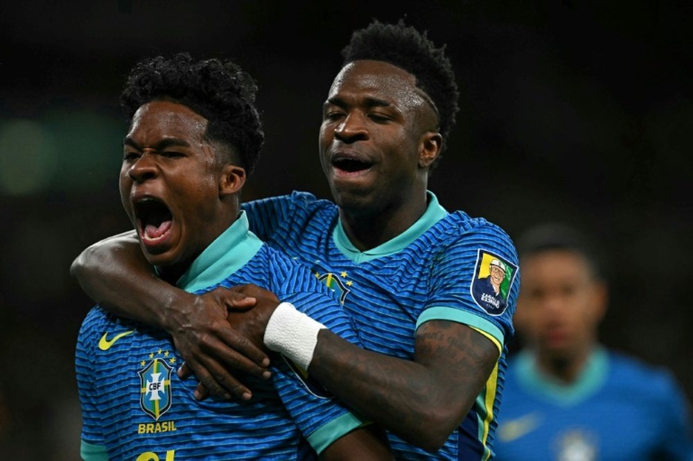 Endrick (L) is the youngest senior international goal-scorer at Wembley. AFP