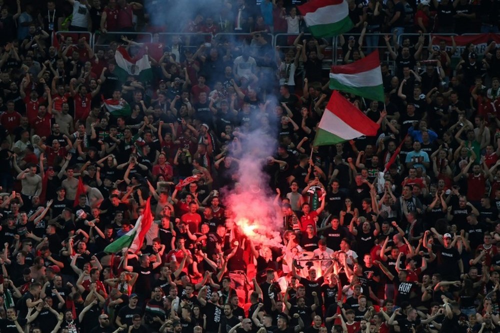 Hungary fans celebrate their opening goal. AFP