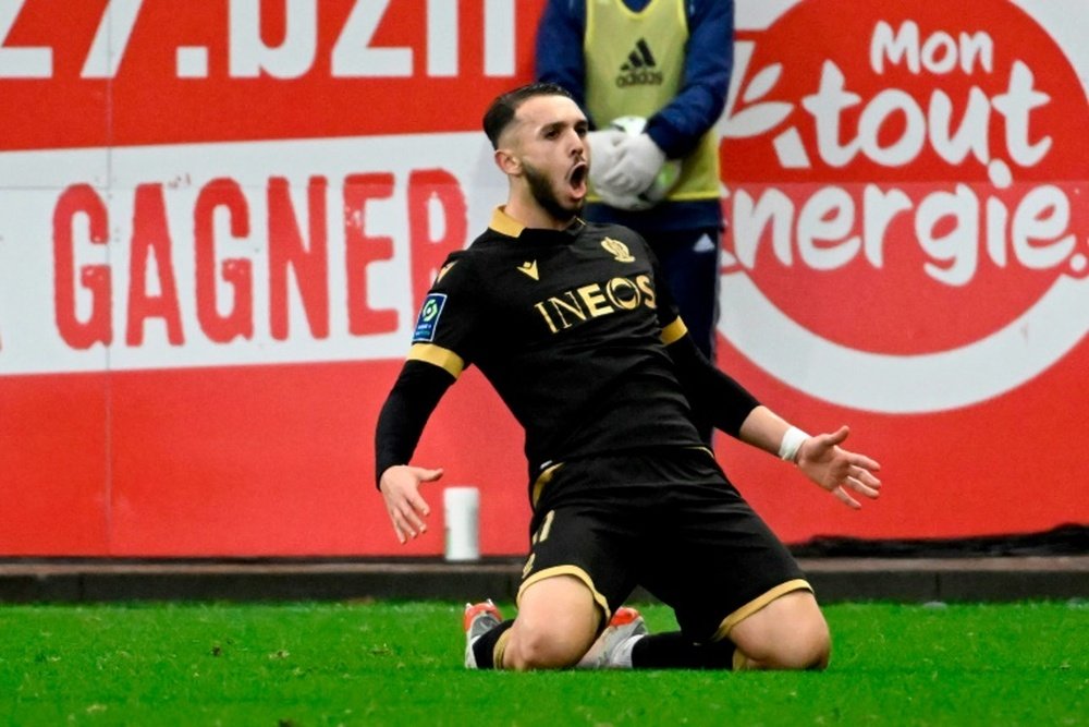 Amine Gouiri celebrates after scoring Nices third goal against Brest. AFP