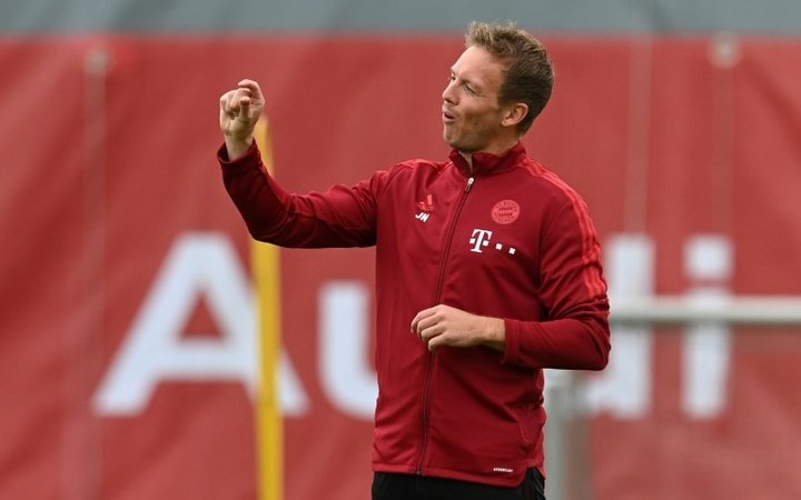 Bayern Munich head coach Julian Nagelsmann makes a point during training on Tuesday. AFP