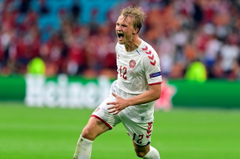 Kasper Dolberg scored a brace against Wales to secure a 0-4 victory. AFP