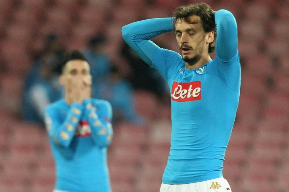 Manolo Gabbiadini reacts after missing a shot against Dynamo Kiev. AFP
