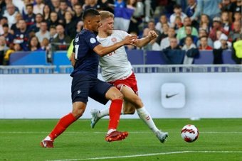 Andreas Cornelius fires in Denmarks late winner against France in their Nations League. AFP