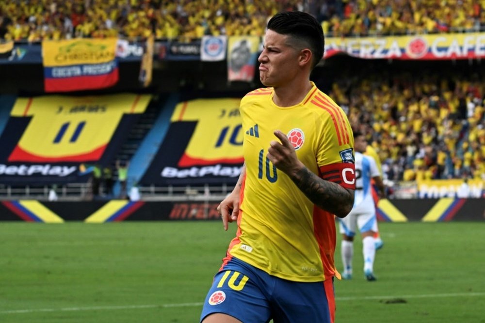 Colombia captain James Rodriguez after sealing a 2-1 lead for Colombia from the spot. AFP