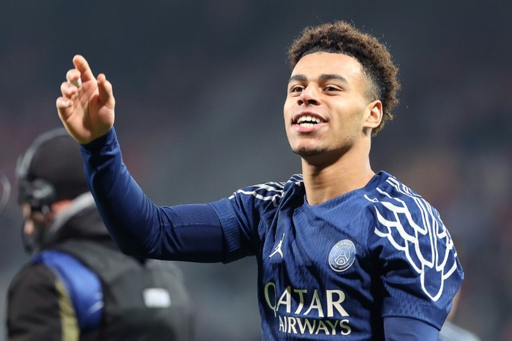L'attaquant du PSG Désiré Doué lors du barrage aller de Ligue des champions. AFP