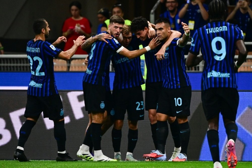 Les joueurs de lInter Milan après l'ouverture du score par Alessandro Bastoni. AFP
