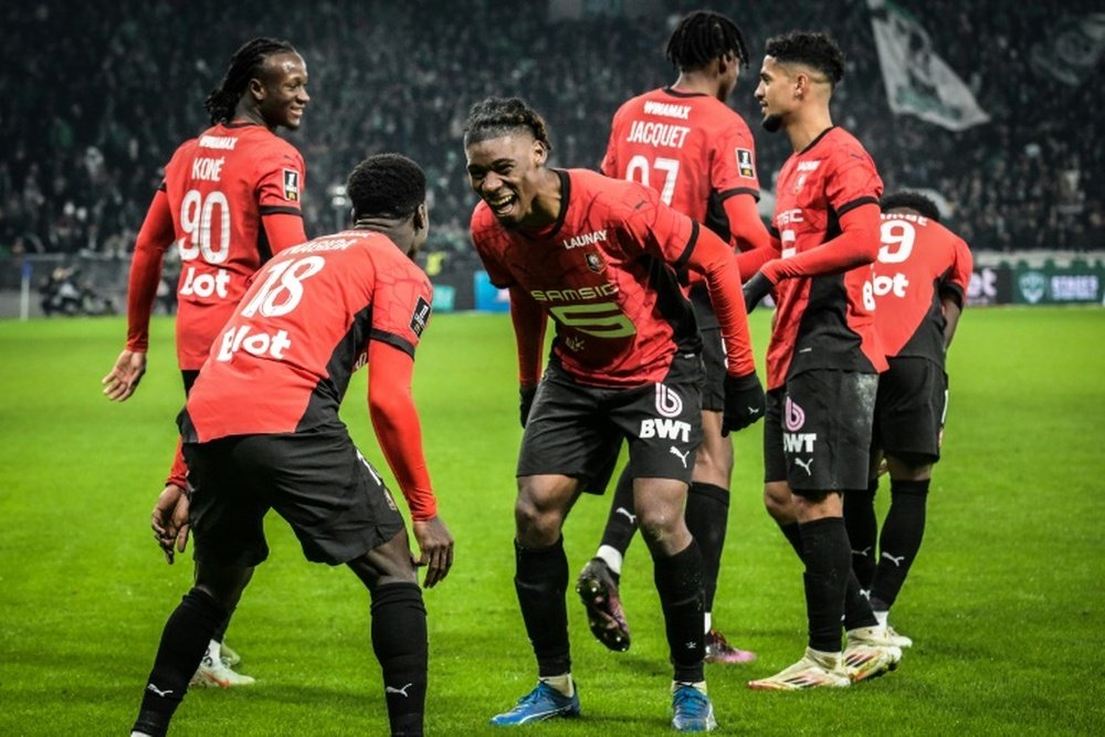 Les joueurs de Rennes célèbrent leur deuxième but. AFP