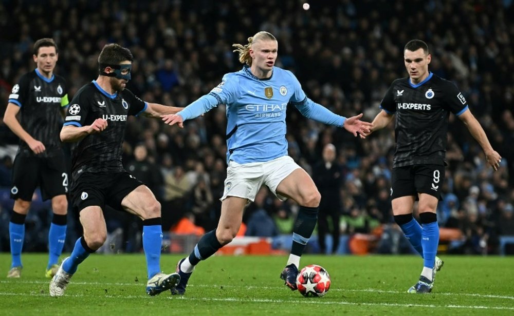 L'attaquant norvégien de Manchester City Erling Haaland (c) lors de la victoire contre Bruges. AFP