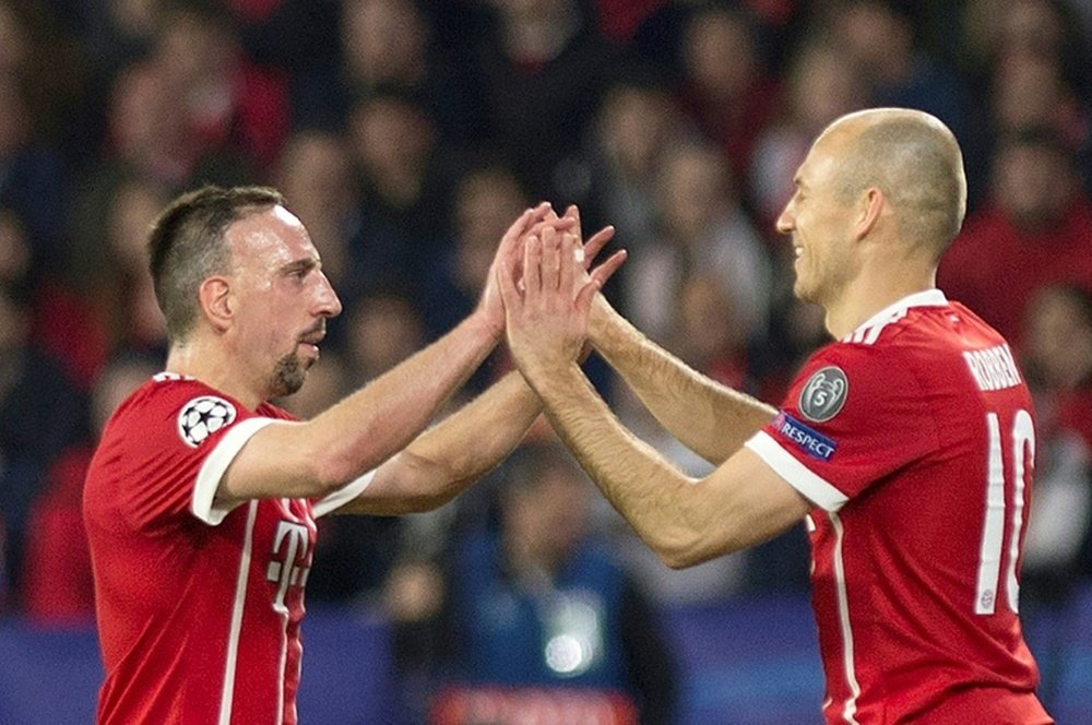 Franck Ribéry et Arjen Robben, lors d'un match de Ligue des champions face au Séville FC. AFP