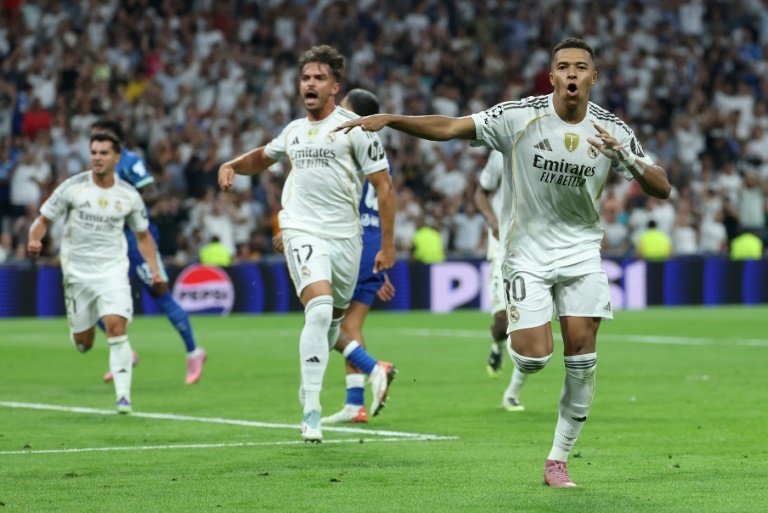 L'attaquant du Real Madrid Mbappé après son deuxième but contre l'OM. AFP