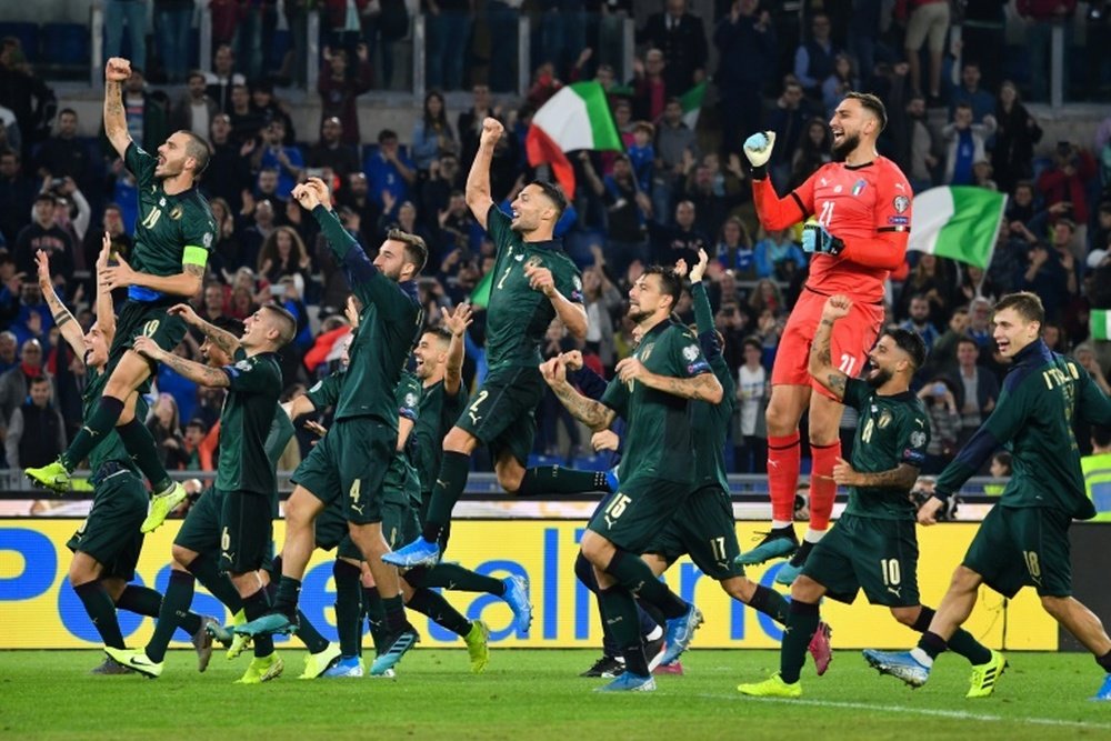 La joie des joueurs italiens, qualifiés pour l'Euro-2020 après leur victoire face à la Grèce. AFP