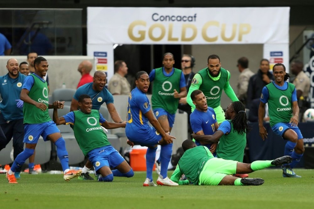 La joie des joueurs du Curaçao après leur qualif pour les quart de la Gold Cup le 25/06//19. AFP