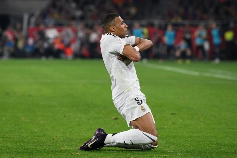 L'attaquant français du Real Madrid, Kylian Mbappé, célèbre un but, AFP