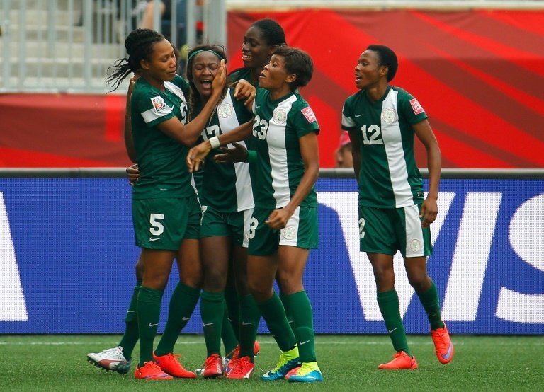 La Nigérianne Francisca Ordega célèbre son but égalisateur face la Suéde lors du match de poule du Mondial-2015 au Canada, le 8 juin 2015 à Winnipeg