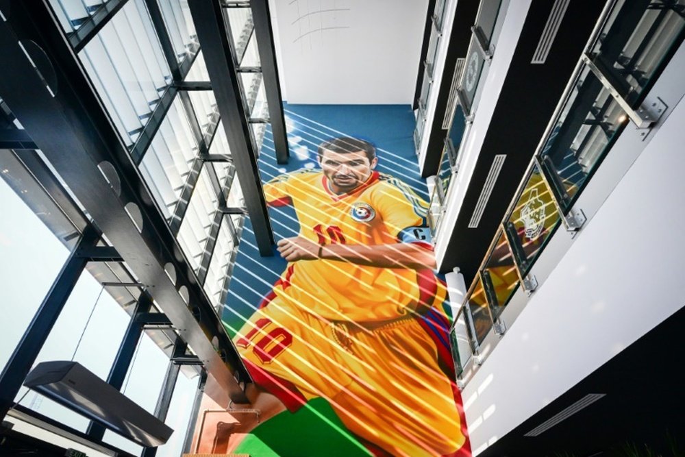 Une fresque géante de Gheorghe Hagi à l'académie Hagi. AFP