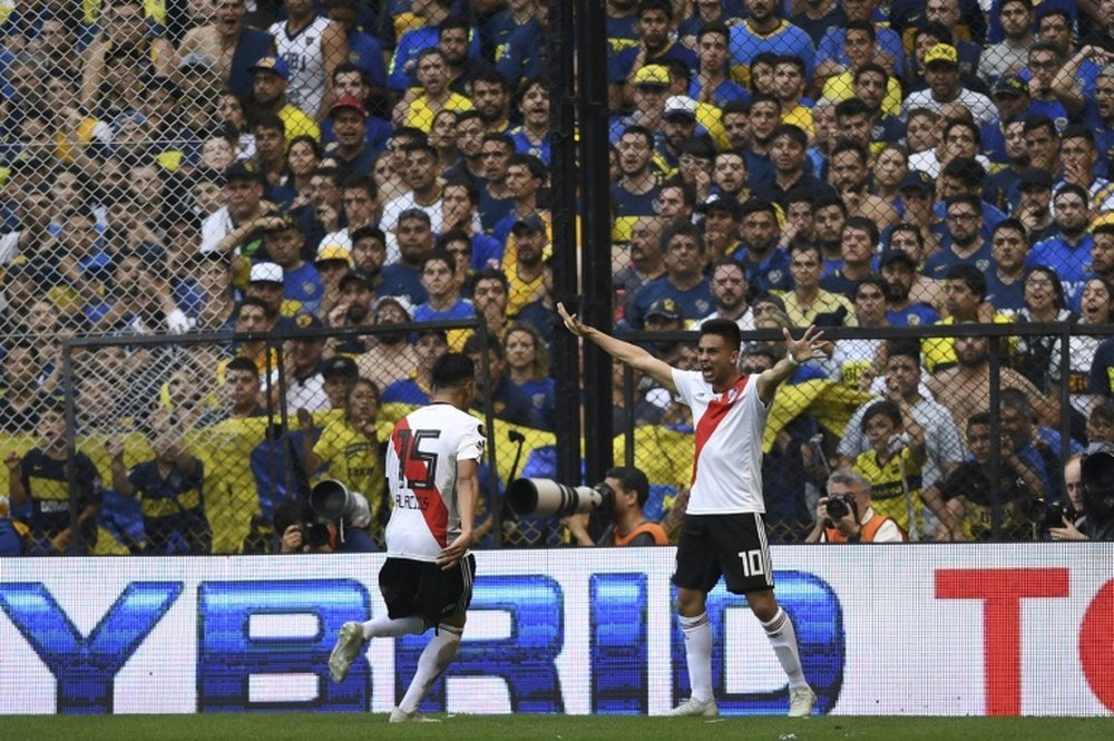 Gonzalo Martinez et Exequiel Palacios fêtent le 2e but de River Plate. AFP