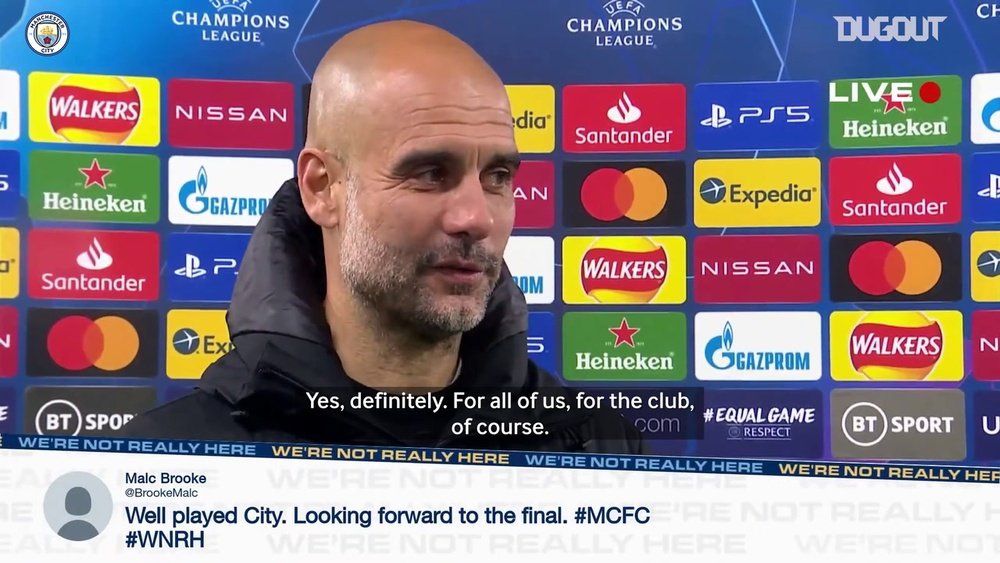 Pep Guardiola was delighted after Man City made the CL final. DUGOUT