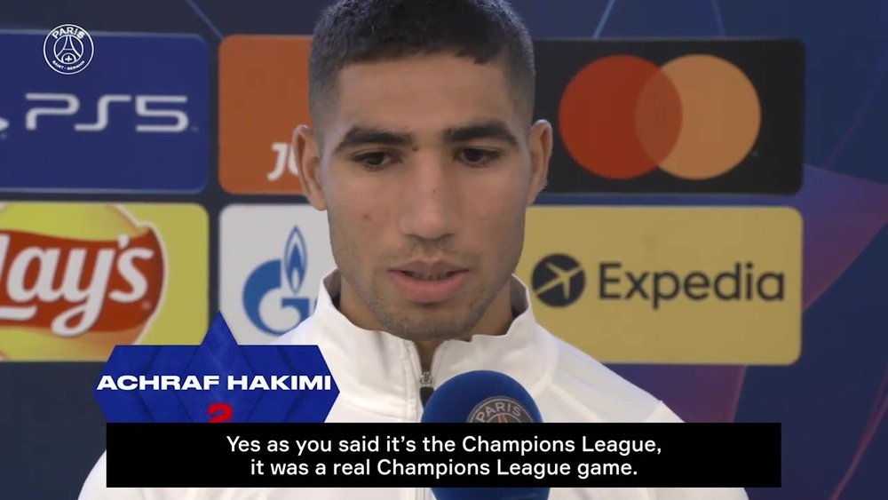 Achraf Hakimi was pleased after PSG's 3-2 win over Leipzig. DUGOUT