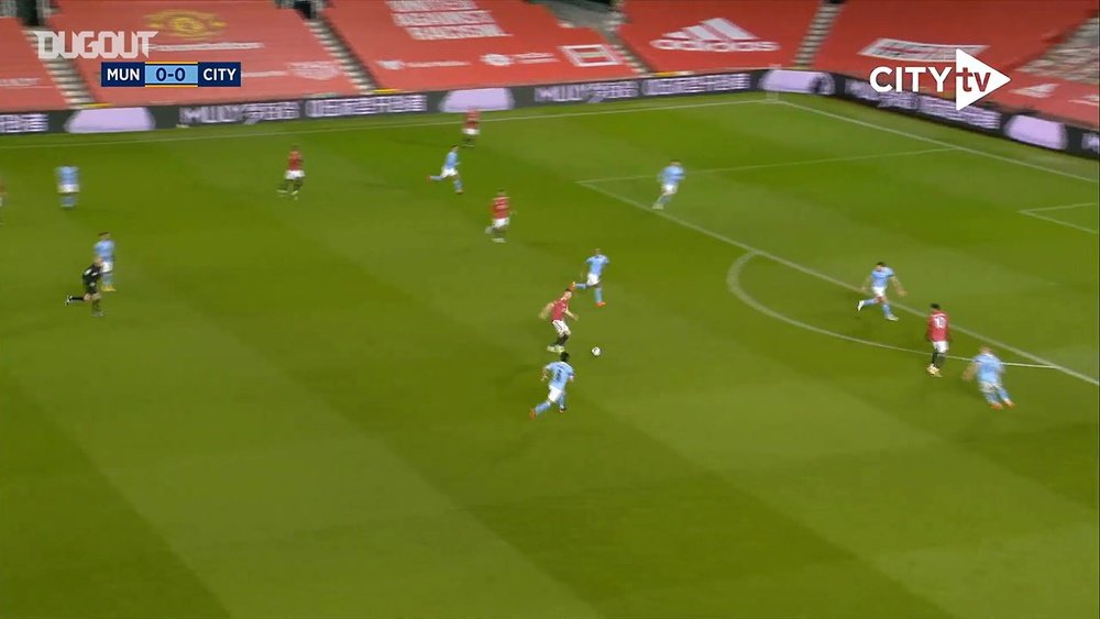 Man City GK Zack Steffen made a great save to stop Bruno Fernandes scoring. DUGOUT