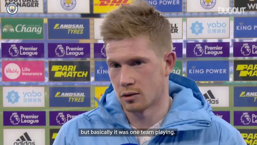 Kevin de Bruyne was a happy man after Man C's win over Leicester. DUGOUT