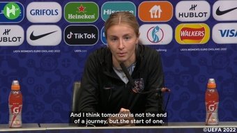 Leah Williamson spoke about women's football in press conference. DUGOUT